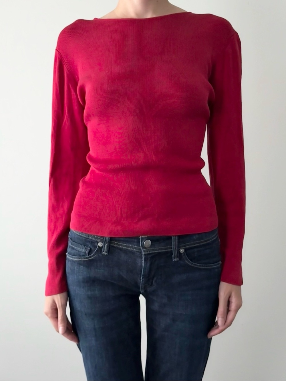 Ann Taylor red 100% silk knit boatneck long sleeve top